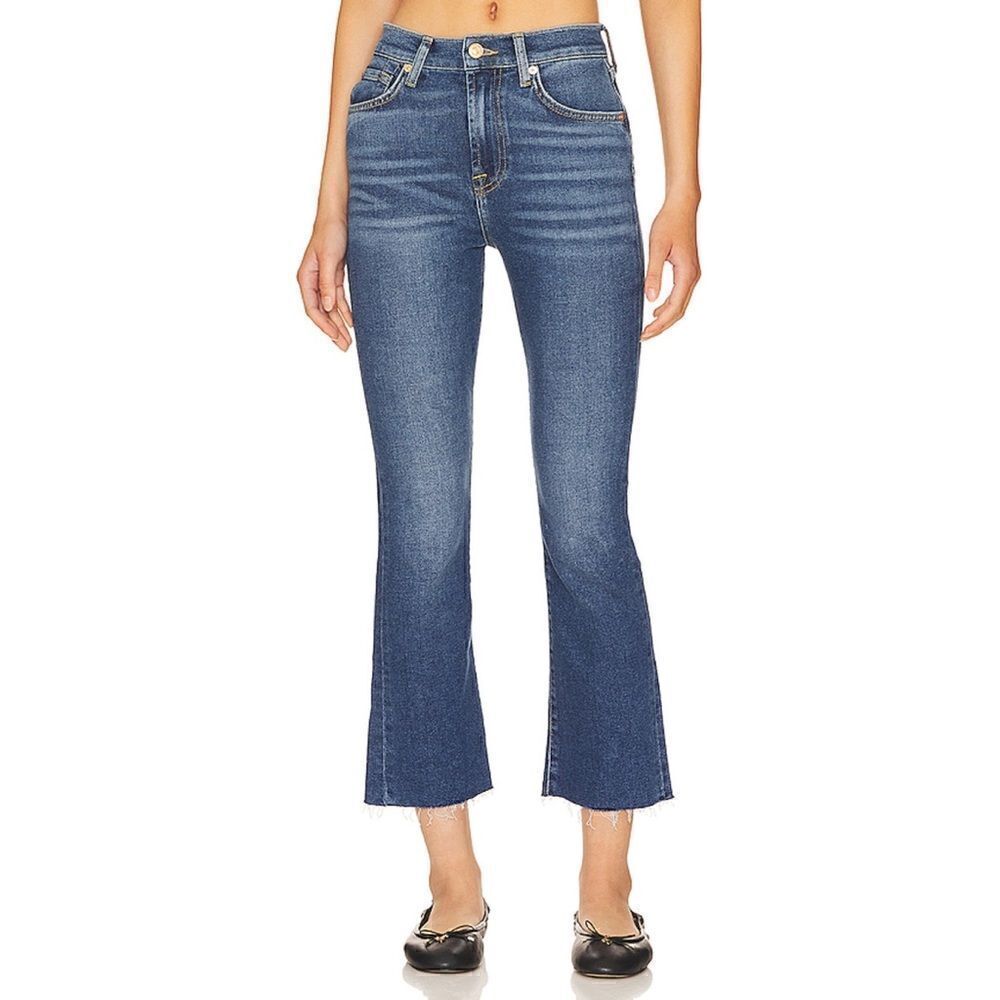 NWT 7 For All Mankind High Waist Slim Kick Cropped Flared Jean in Blue Print
